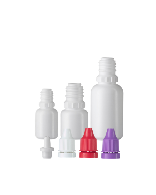 Epsilon 1.3 ophthalmic eye drop bottle family in different sizes with colored caps in white, red, and purple, and a nozzle