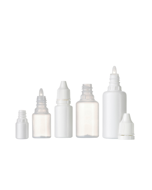 Epsilon 1.5 ophthalmic eye drop bottle family in different sizes, with nozzle and suitable cap 