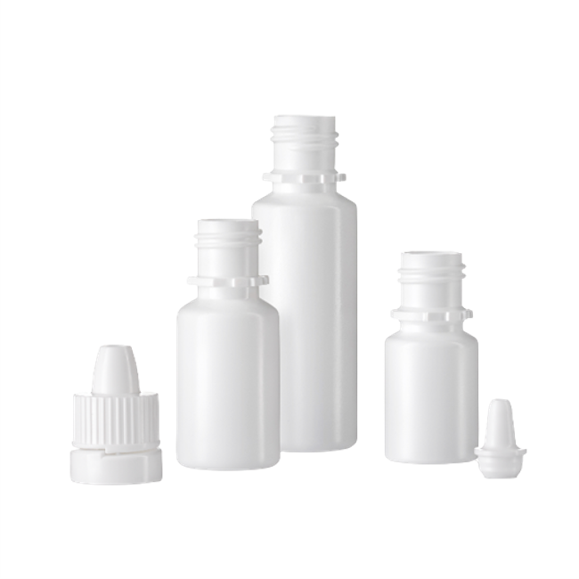 Three white plastic bottles with two matching caps, used for pharmaceutical packaging.