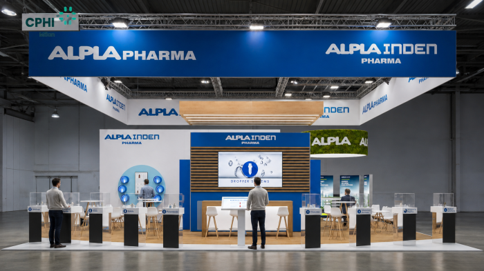 ALPLA exhibition booth with modern design, branded banners, and product displays at a trade show.