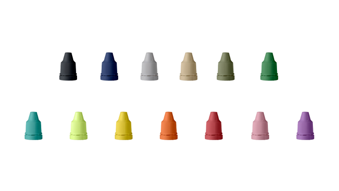 Twelve colorful plastic bottle caps in two rows, showcasing ALPLApharmas compliance with AAO colour coded ophthalmic caps 