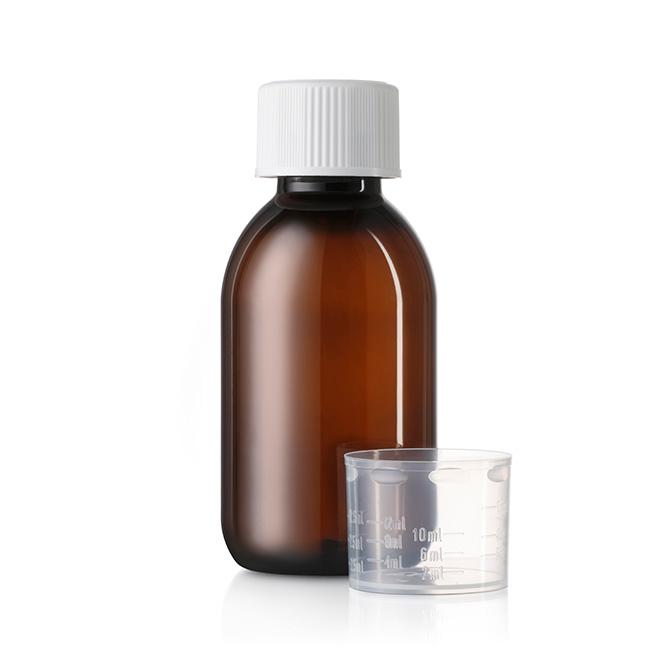 PET-Beta 150R/28/G standard product of liquids with a cup next to the bottle manufactured by ALPLApharma