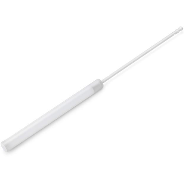 Langer, dünner Kunststoff-Vaginalapplikator mit weißem Körper und transparenter Spitze.