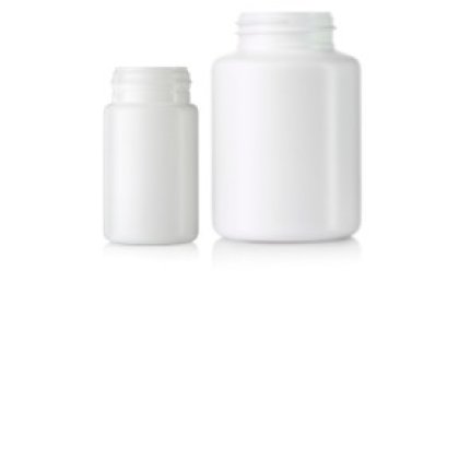 Two white pharmaceutical plastic bottles produced using extrusion blow moulding technology