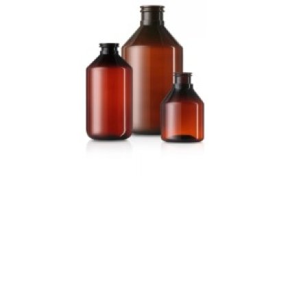 Two amber pharmaceutical plastic bottles produced using injection stretch blow molding technology