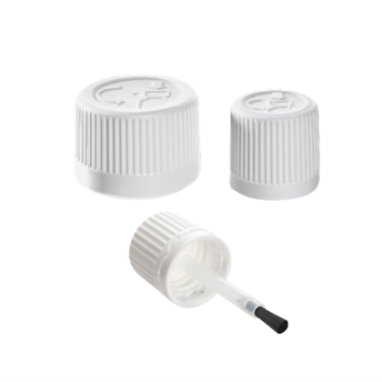White plastic bottle caps with ridged sides and an integrated applicator brush.