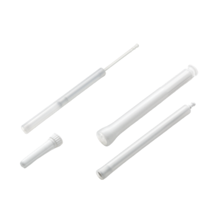 Plastic applicators and tubes for medical or pharmaceutical use, white with clean design.
