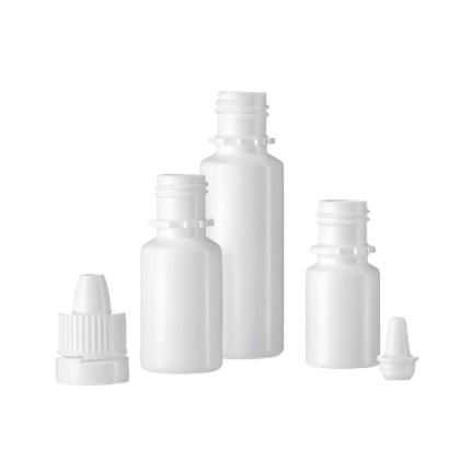 Three white plastic bottles with two matching caps, used for pharmaceutical packaging.