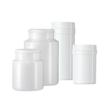 Four white plastic containers in varying sizes with screw-top lids.